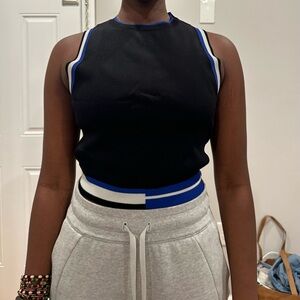 Black Sleeveless Top with Blue and White Trim